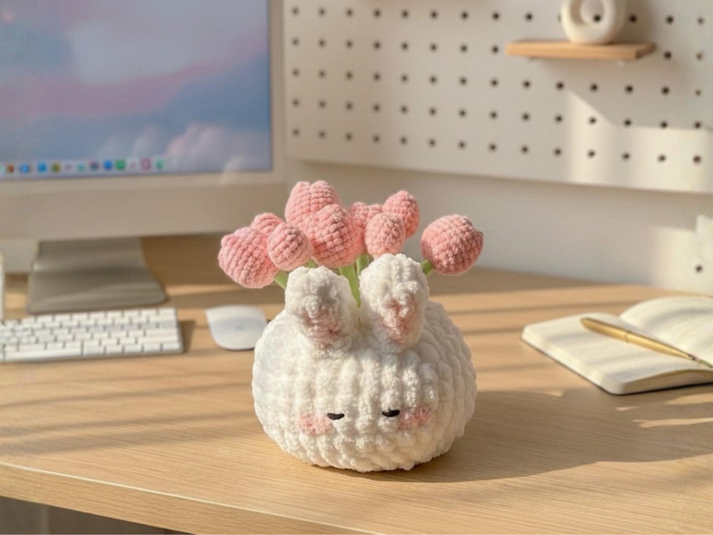 Handmade Crochet Bunny Flower Pot Plushie, Kawaii Desk Decor