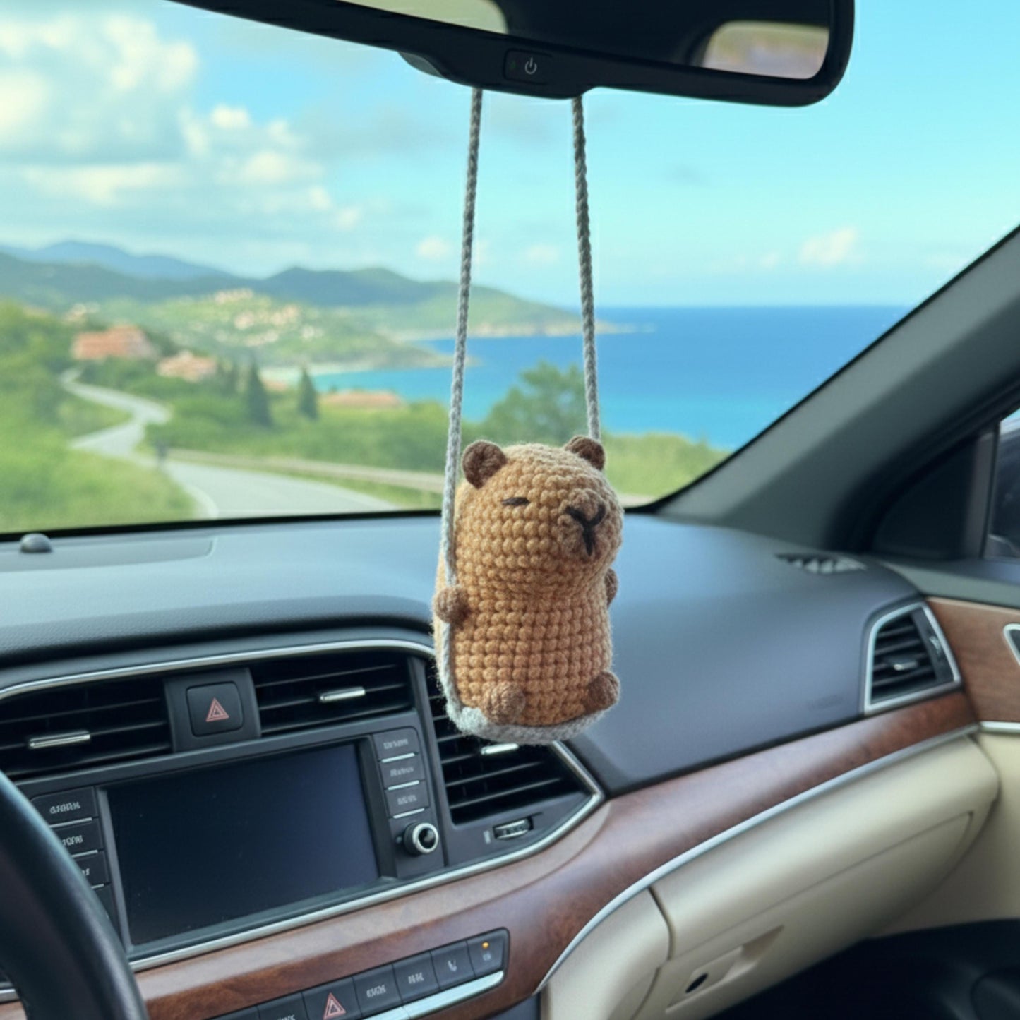 Crochet Capybara Car Mirror Hanging, Handmade Amigurumi Car Charm