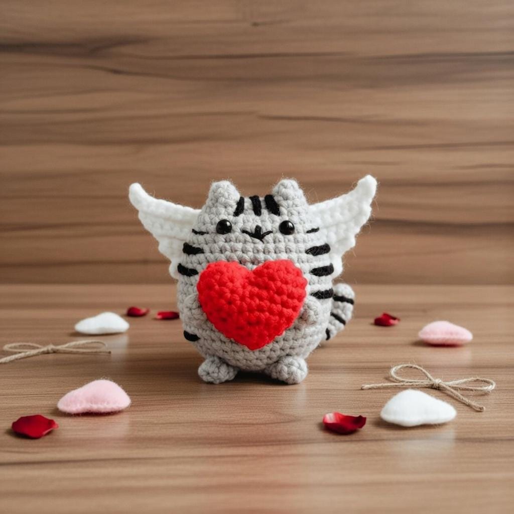 Crochet Cupid Cat Plushie, Valentine's Day Gift, Handmade Chenille Amigurumi