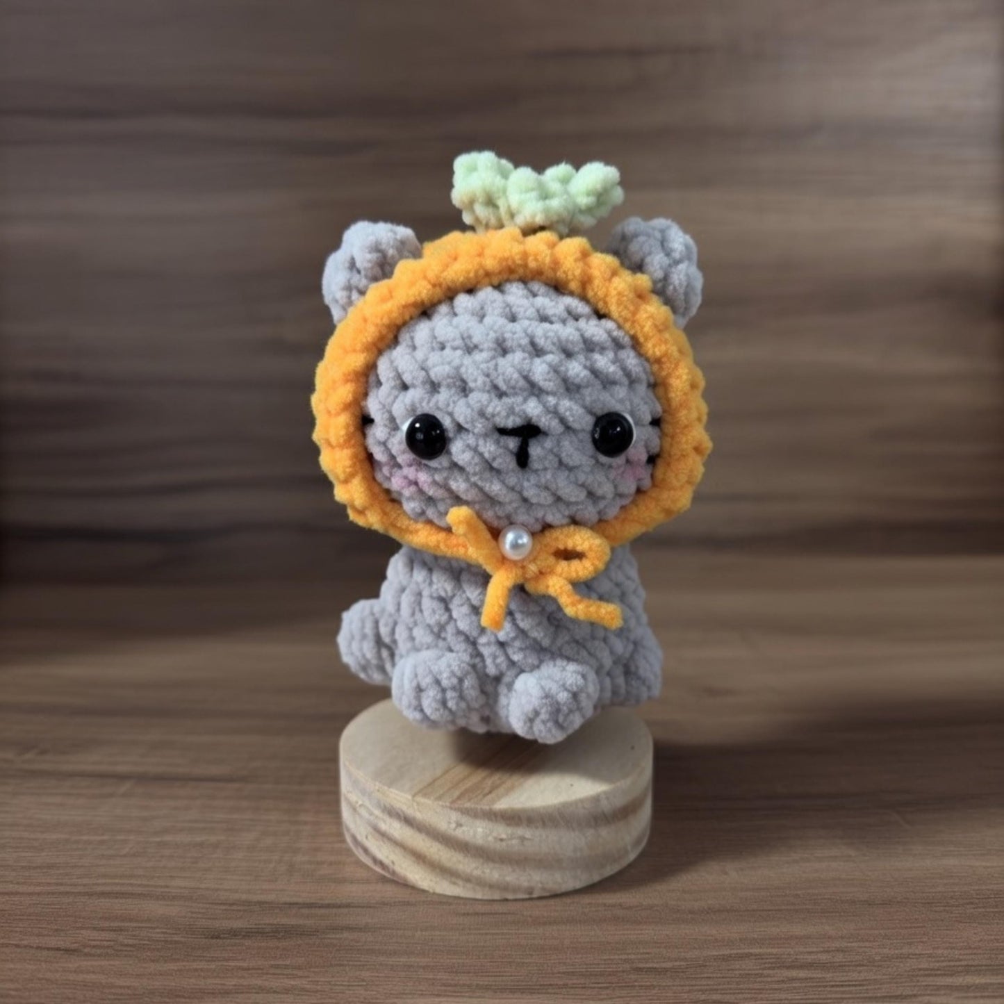 Crochet Cat Plush, Handmade Chenille Kitten in Fruit Hat