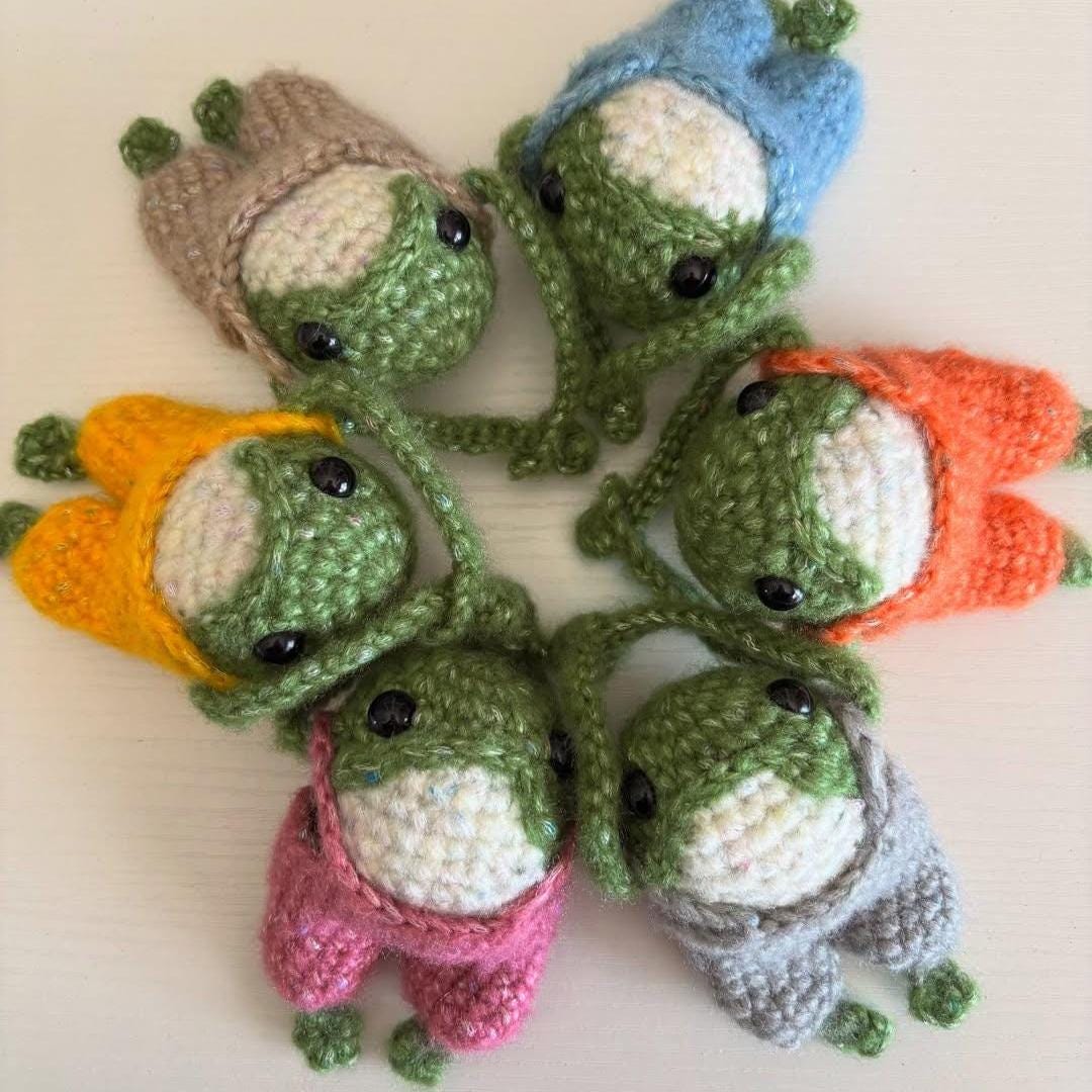 Crochet Frog Keychain in Blue Overalls, Amigurumi Frog Bag Charm, Handmade Frog Lover Gift, Kawaii Stuffed Animal Keyring, Toad Plushie