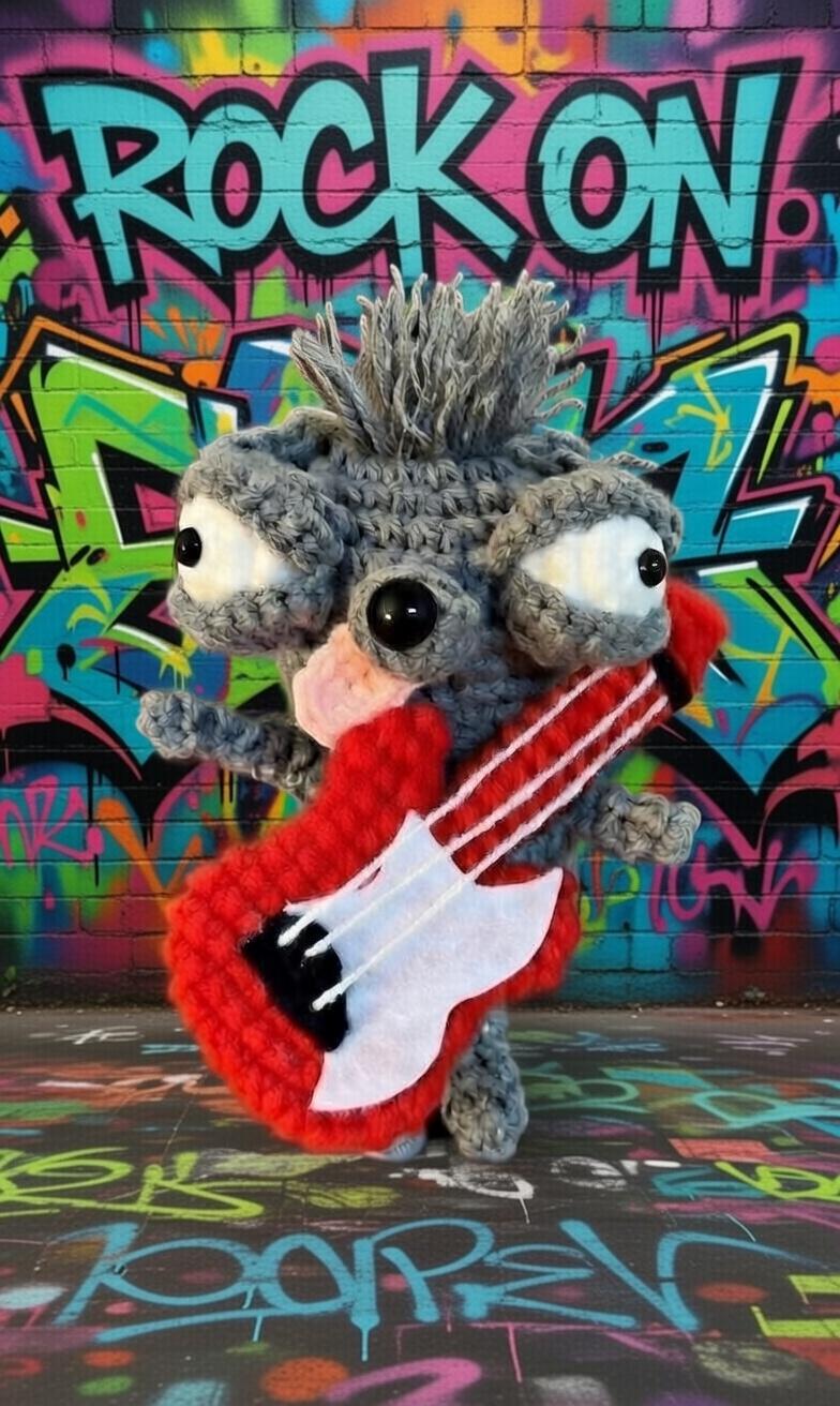 Funny Crochet Chihuahua Playing Guitar, Amigurumi Rocker Dog Doll, Punk Musician Gift, Ugly Cute Puppy Plush, Unique Desk Decor