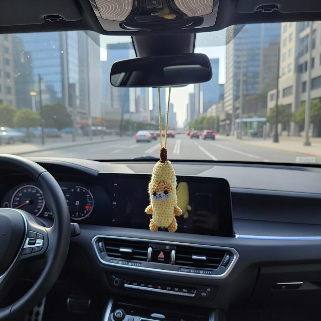 Crochet Banana Cat Car Charm, Funny Meme Plush, Car Accessories