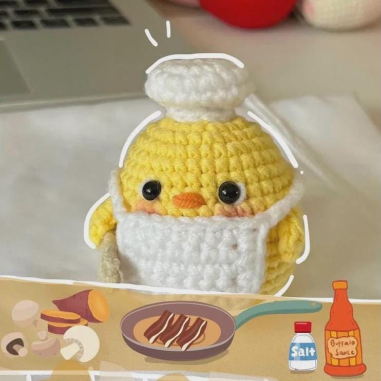 Cute Crochet Chef Chick Amigurumi, Yellow Chick Plush with Apron, Handmade Kitchen Decor, Funny Gift for Baker