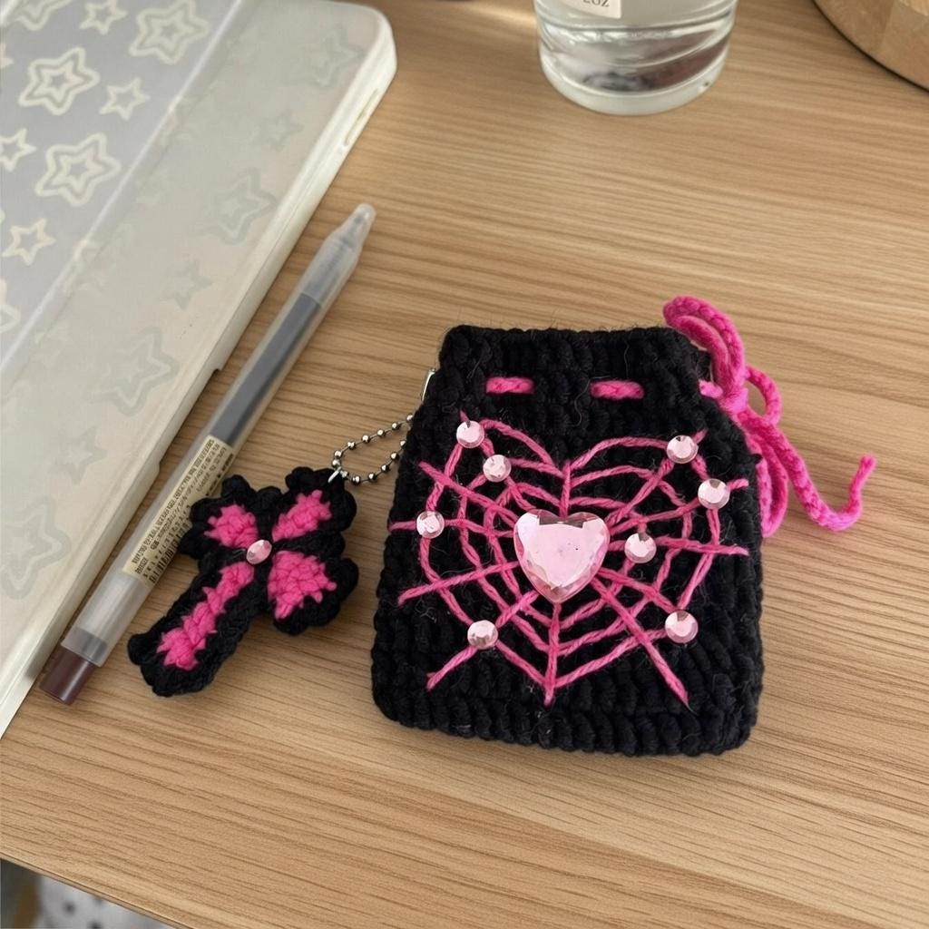 Y2K Goth Crochet Spiderweb Heart Pouch, Pastel Goth Drawstring Bag, Alt Aesthetic AirPods Case, Spooky Cute Mini Coin Purse