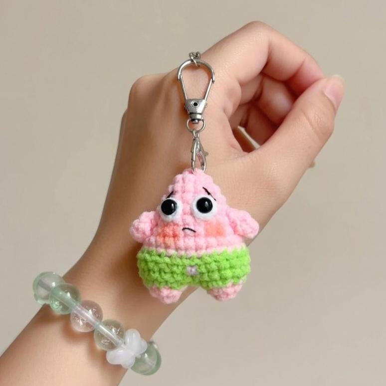 Crochet Sponge Patrick Phone Charm, Cute Amigurumi Keychain, Handmade Cartoon Character Bag Charm, Kawaii Crochet Gift for Friends