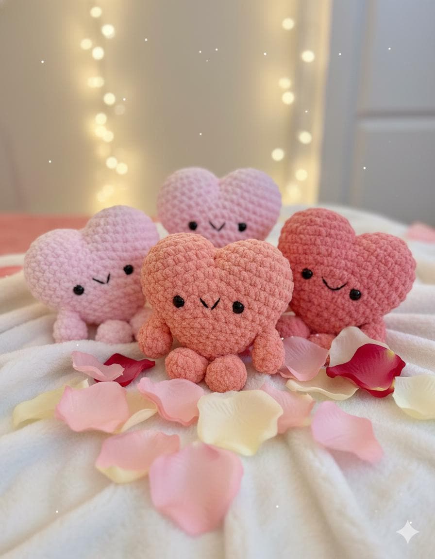 Handmade Crochet Heart Plushie, Chenille Yarn, Valentine's Gift