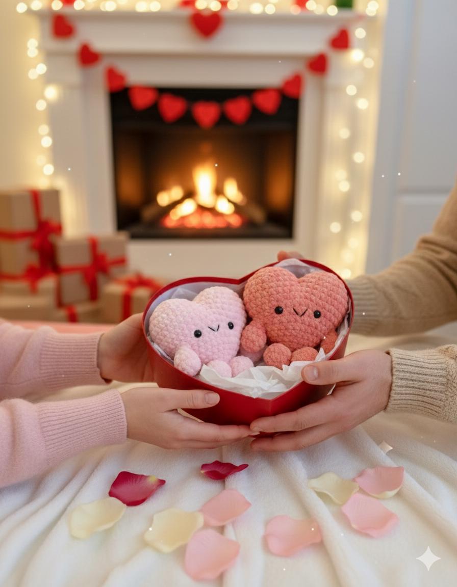 Handmade Crochet Heart Plushie, Chenille Yarn, Valentine's Gift