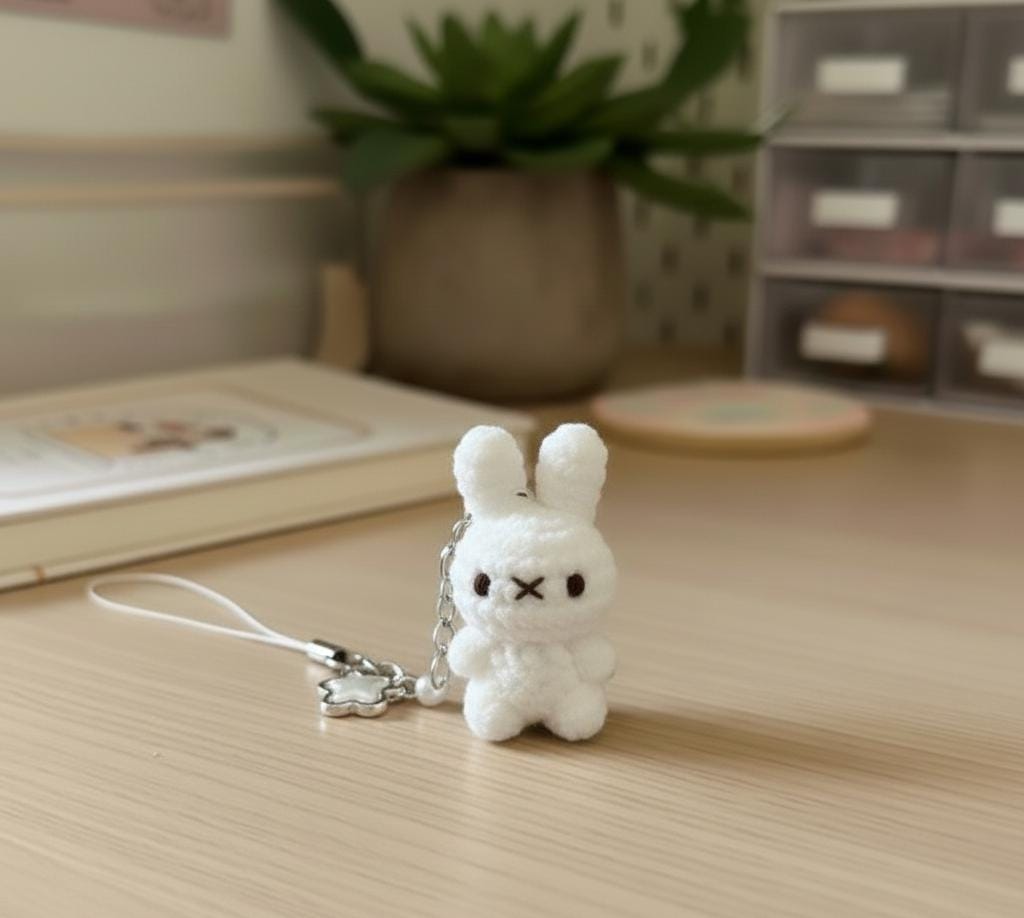 Handmade Crochet Bunny Phone Charm, Cute Plush Rabbit Keychain, Kawaii Animal Phone Strap, Soft Amigurumi Accessory, Small Gift for Her