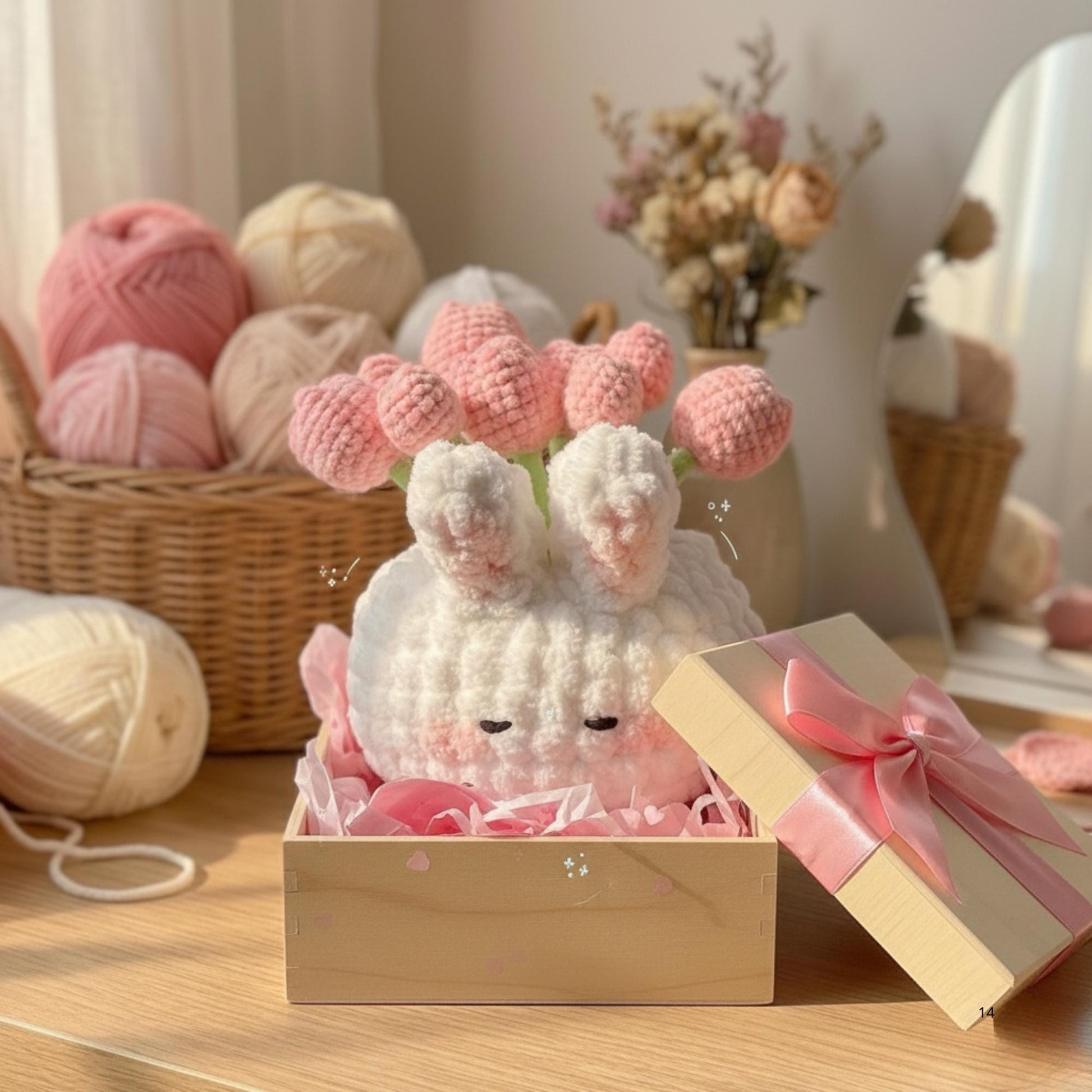Handmade Crochet Bunny Flower Pot Plushie, Kawaii Desk Decor
