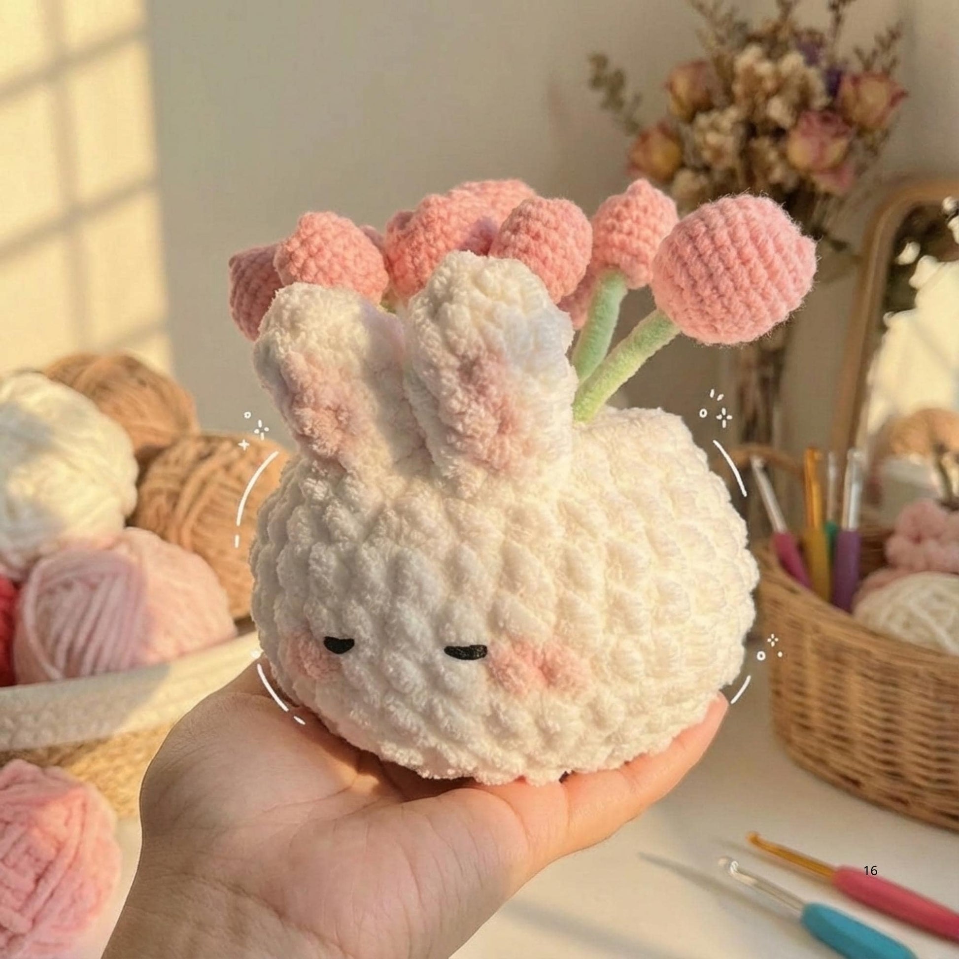 Handmade Crochet Bunny Flower Pot Plushie, Kawaii Desk Decor
