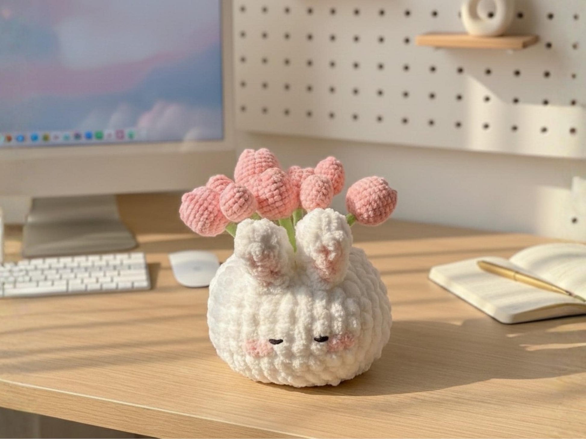 Handmade Crochet Bunny Flower Pot Plushie, Kawaii Desk Decor