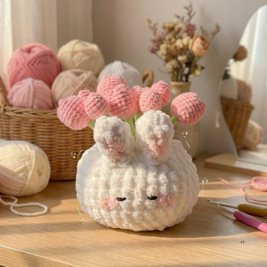 Handmade Crochet Bunny Flower Pot Plushie, Kawaii Desk Decor