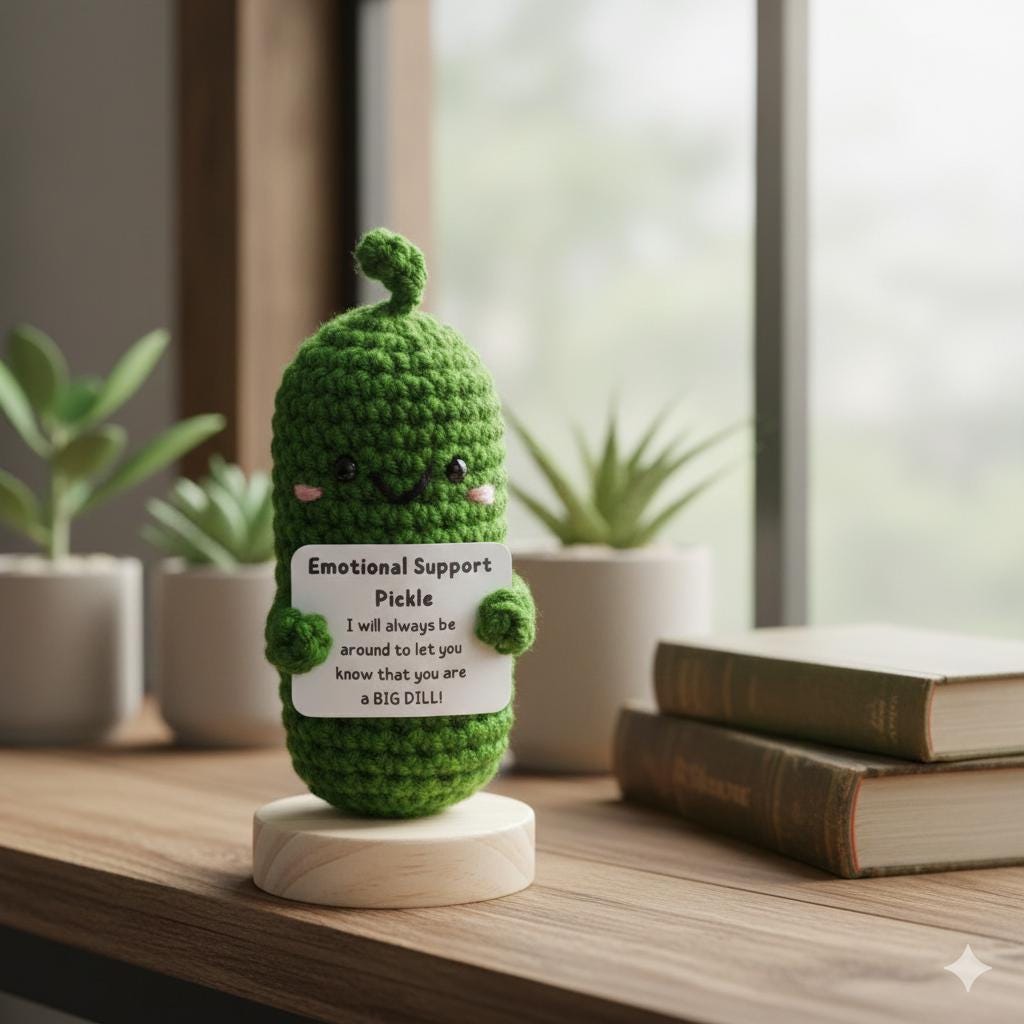 Crochet Emotional Support Pickle Gift, Handmade Desk Buddy