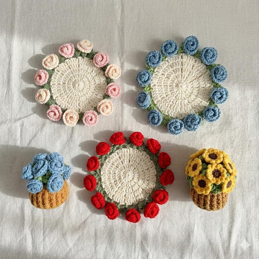 Handmade Crochet Flower Coasters, Crochet Flower Bouquet, Floral Drinkware Accessories, Cottagecore Table Decor, Cute Drink Coaster Gift