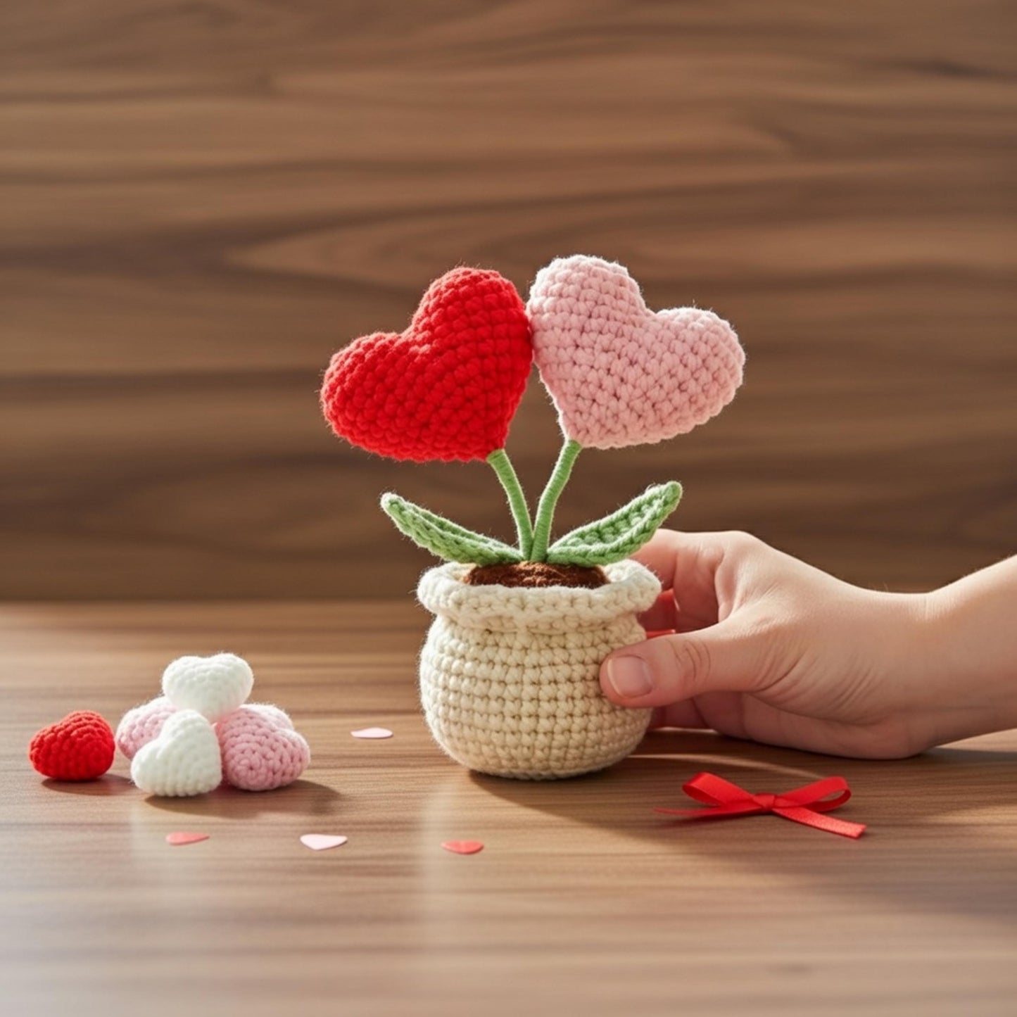Crochet Heart Flower Pot, Chenille Yarn Desk Decor