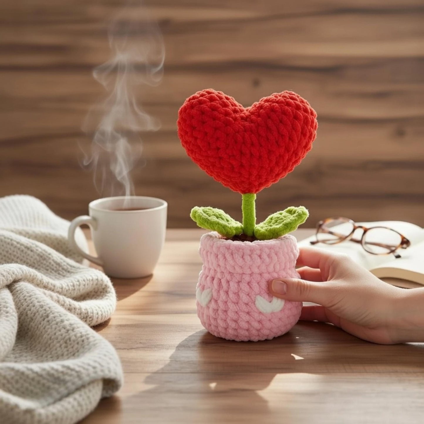 Crochet Heart Flower Pot, Chenille Yarn Desk Decor