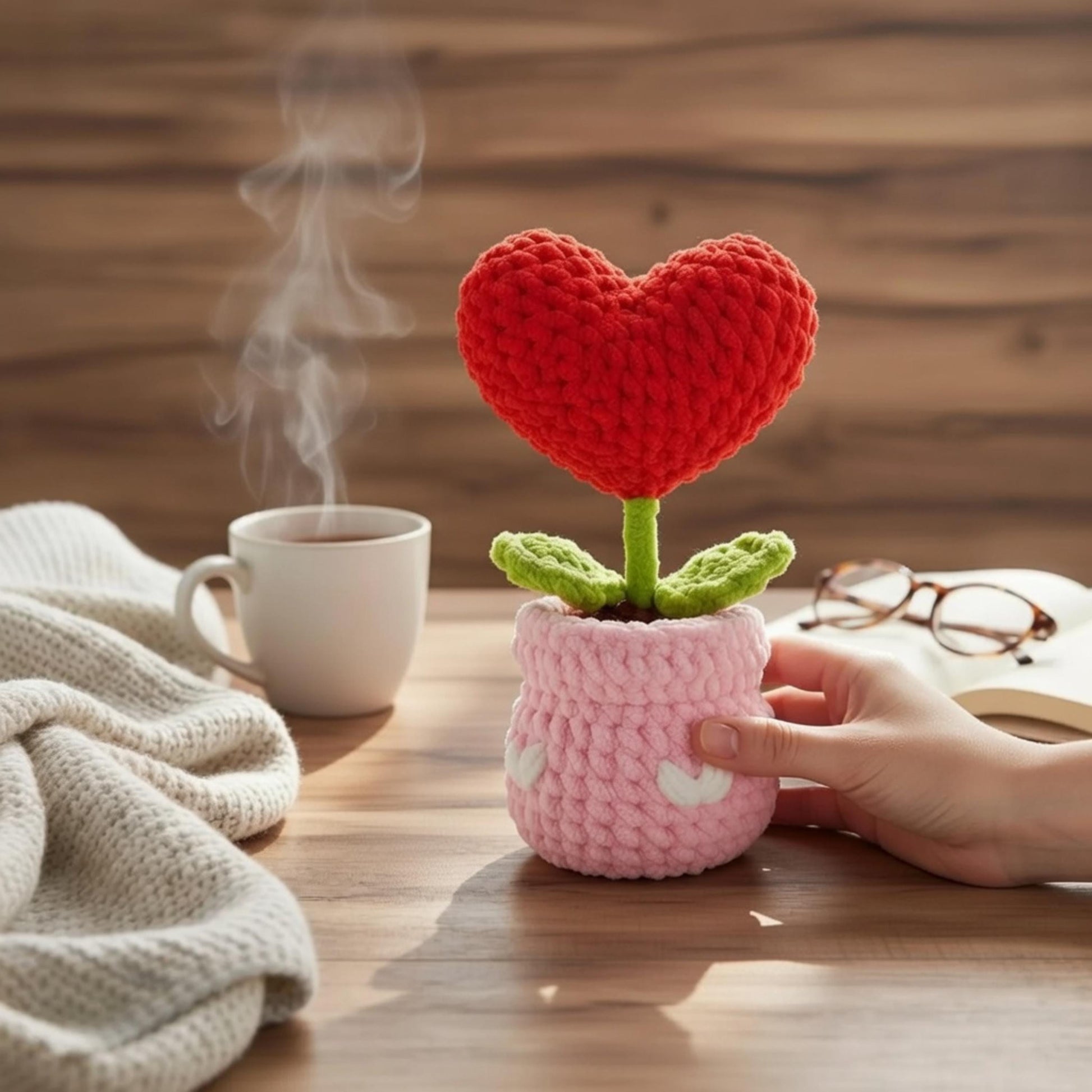 Crochet Heart Flower Pot, Chenille Yarn Desk Decor