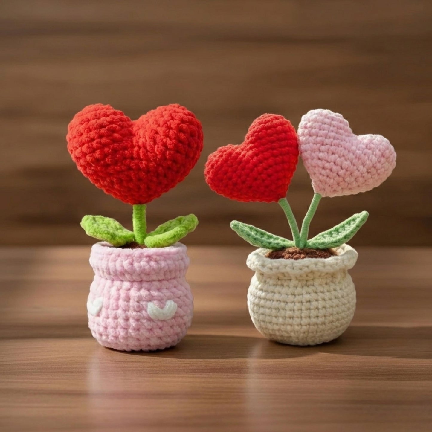 Crochet Heart Flower Pot, Chenille Yarn Desk Decor