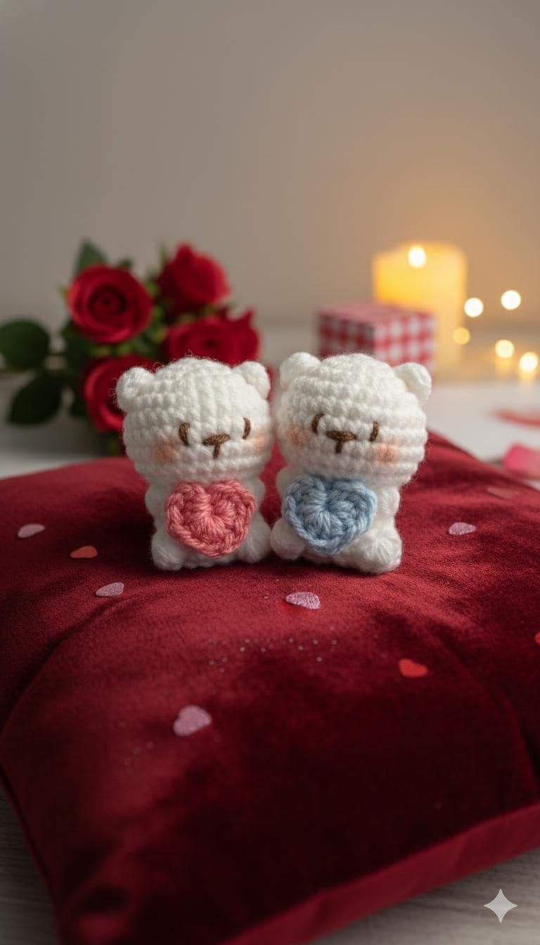 Handmade Valentine Bear Plushies, Couple Crochet Bears with Hearts, Anniversary Gift for Boyfriend Girlfriend, Cute Amigurumi Animal Decor