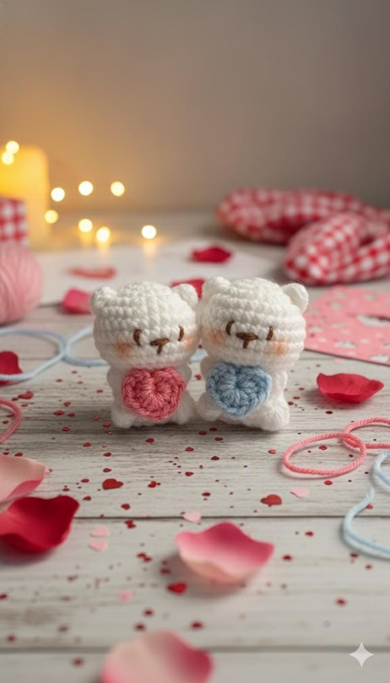 Handmade Valentine Bear Plushies, Couple Crochet Bears with Hearts, Anniversary Gift for Boyfriend Girlfriend, Cute Amigurumi Animal Decor