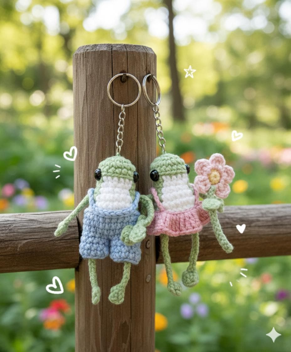 Crochet Frog Couple Keychain, Cute Amigurumi Frog, Handmade Animal Keyring, Frog Crochet, Anniversary Gift for Couples, Frog Lover Gift