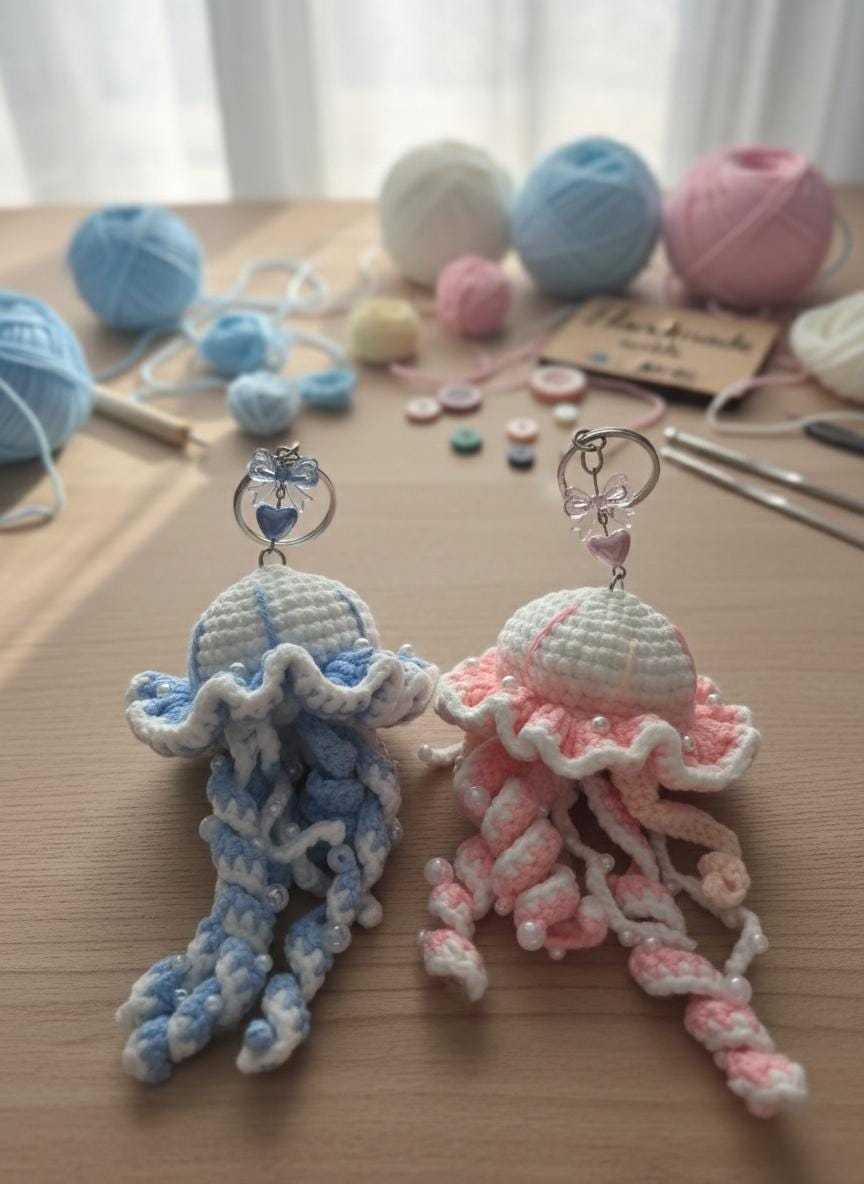 Handmade Crochet Jellyfish,  Handmade Bag Accessory, Pink & Blue Amigurumi Keychain,  Kawaii Ocean Theme Gift, Coquette Aesthetic Bag Charm