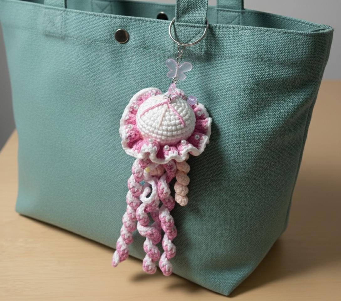 Handmade Crochet Jellyfish,  Handmade Bag Accessory, Pink & Blue Amigurumi Keychain,  Kawaii Ocean Theme Gift, Coquette Aesthetic Bag Charm