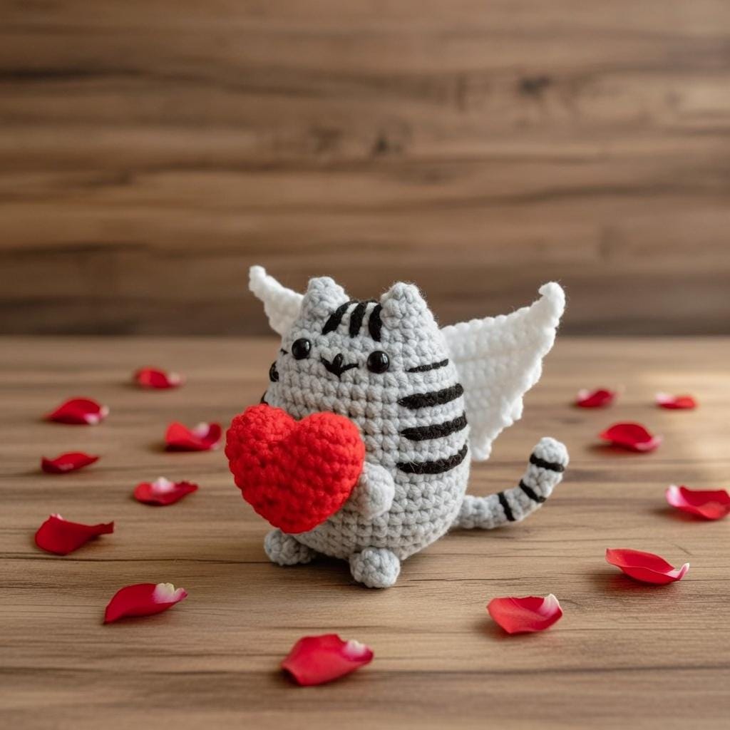 Crochet Cupid Cat Plushie, Valentine's Day Gift, Handmade Chenille Amigurumi
