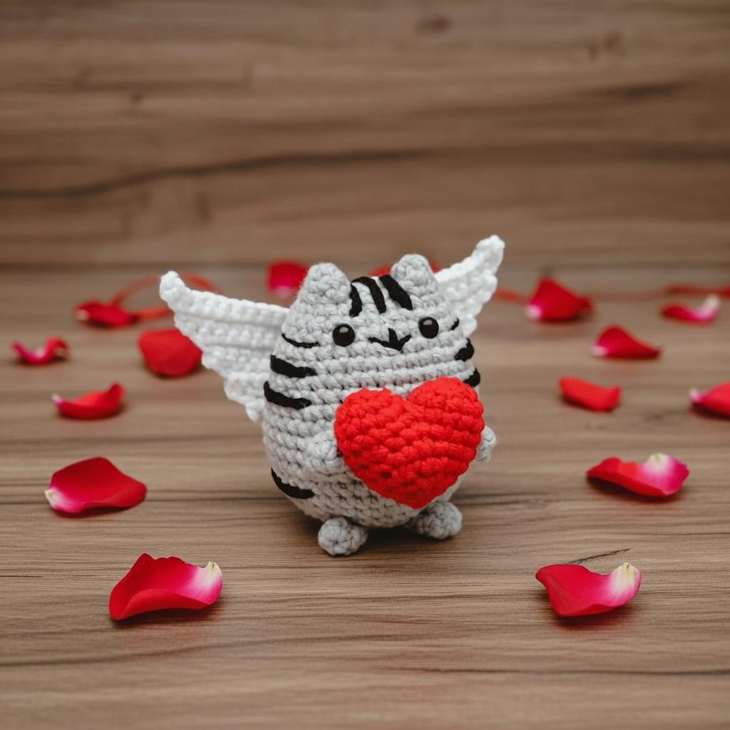 Crochet Cupid Cat Plushie, Valentine's Day Gift, Handmade Chenille Amigurumi