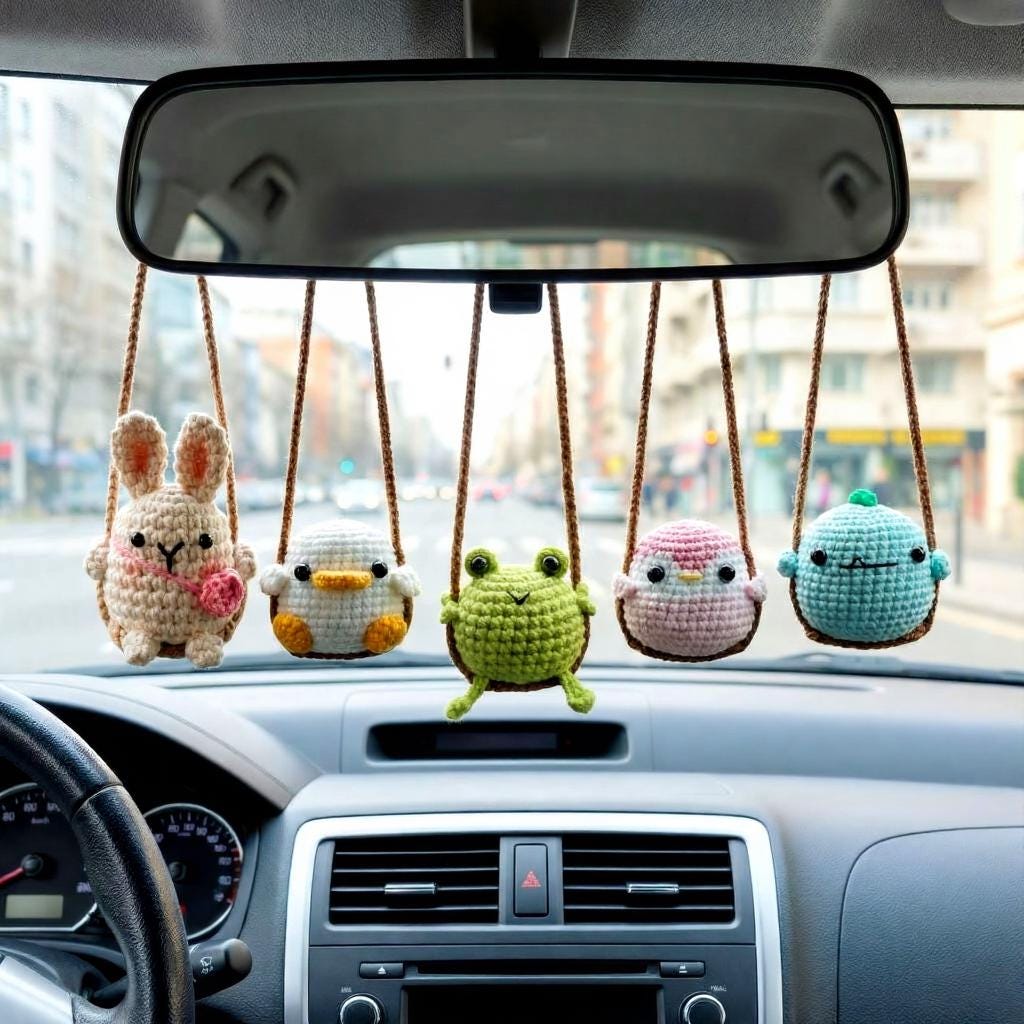 Crochet Rearview Mirror Charm, Handmade Amigurumi Car Mirror Hanging, Cute Kawaii Car Decor, Gift for Her, Personalized Car Charm