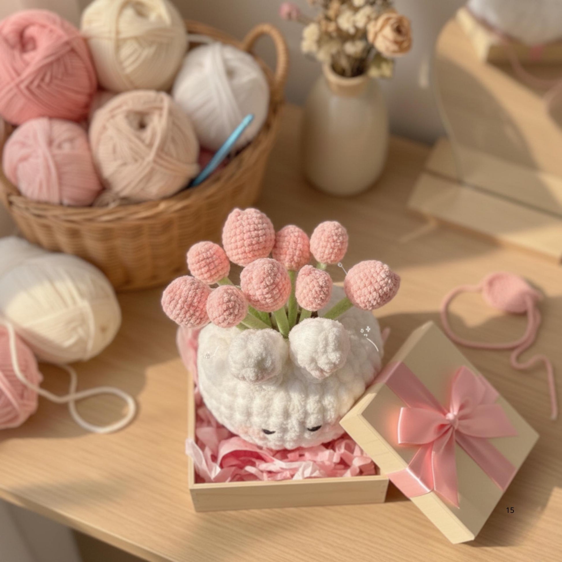 Handmade Crochet Bunny Flower Pot Plushie, Kawaii Desk Decor