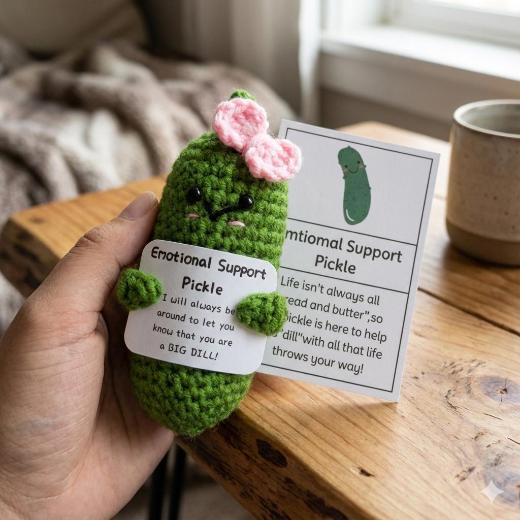 Crochet Emotional Support Pickle Gift, Handmade Desk Buddy