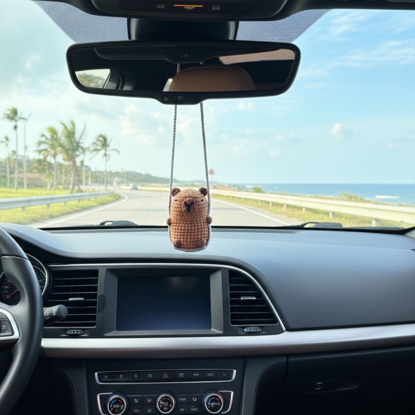 Crochet Capybara Car Mirror Hanging, Handmade Amigurumi Car Charm
