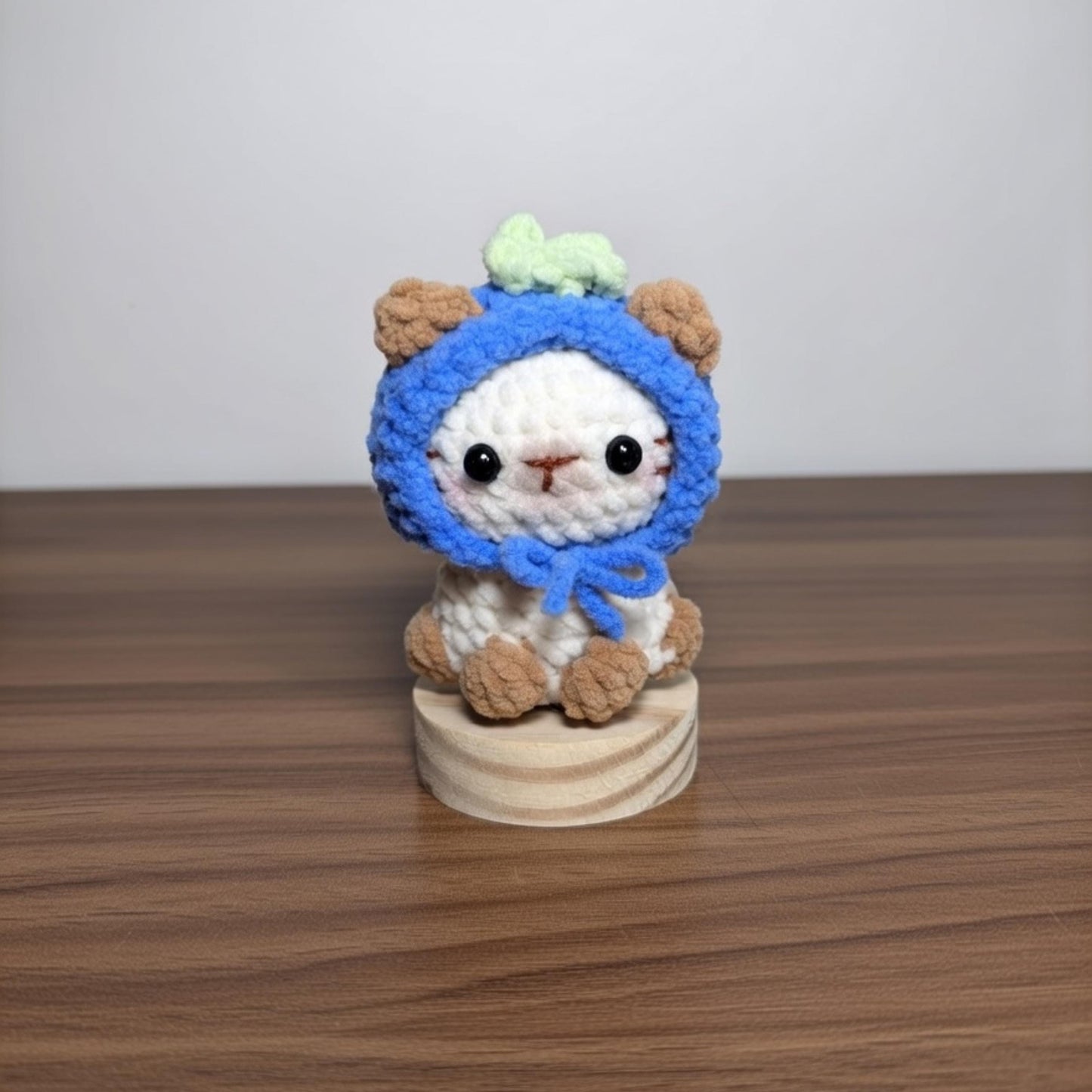 Crochet Cat Plush, Handmade Chenille Kitten in Fruit Hat