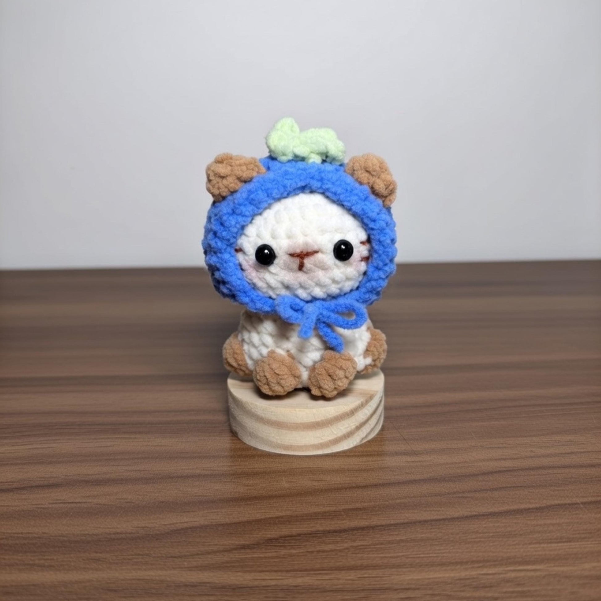 Crochet Cat Plush, Handmade Chenille Kitten in Fruit Hat
