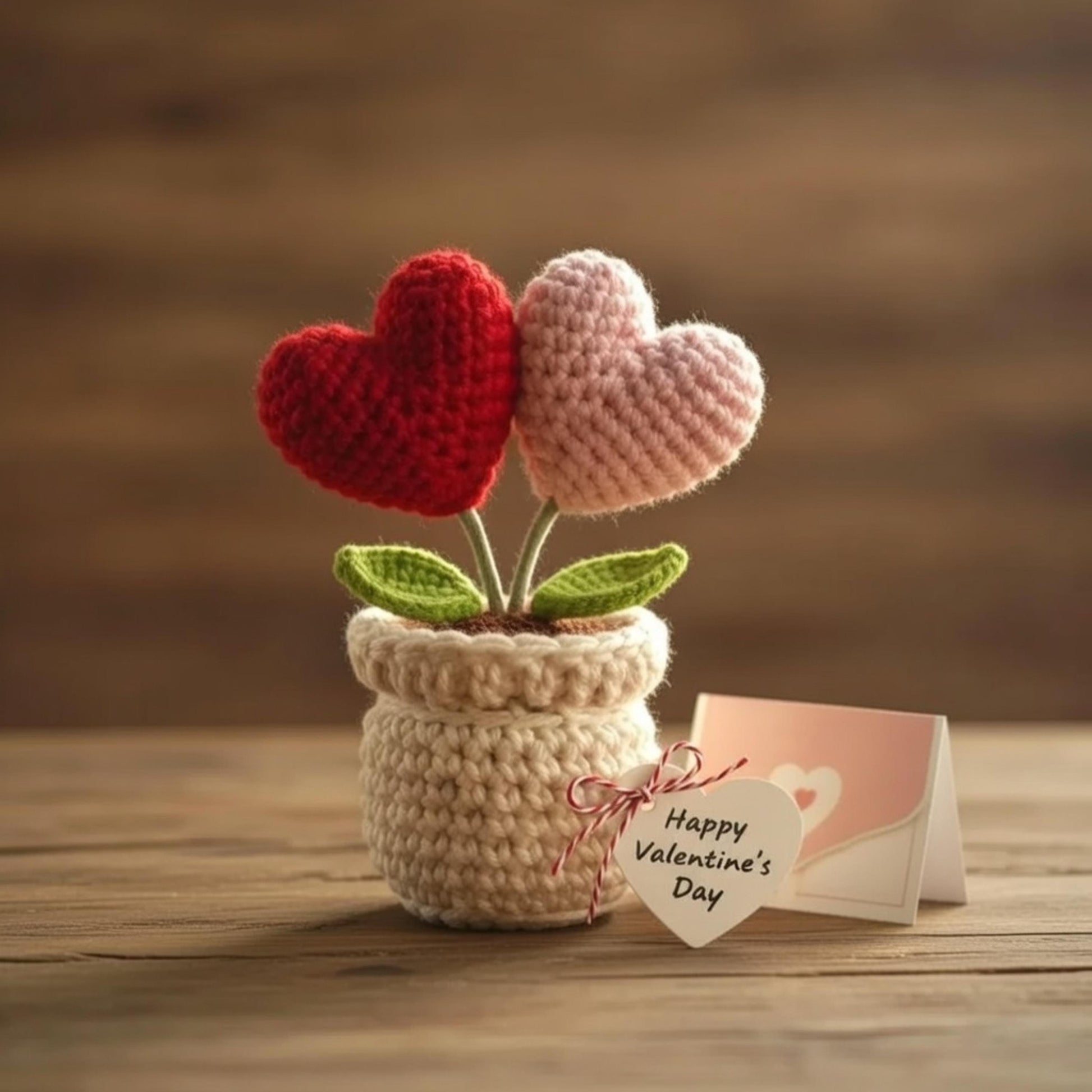 Crochet Heart Flower Pot, Chenille Yarn Desk Decor