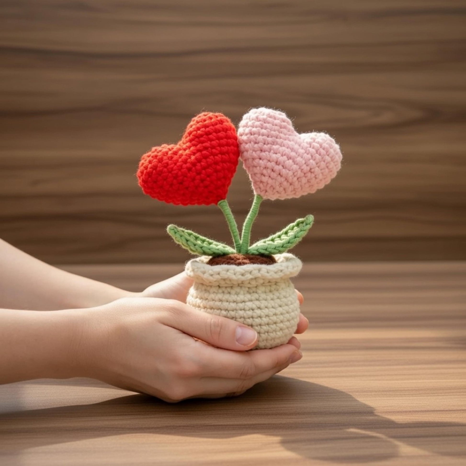 Crochet Heart Flower Pot, Chenille Yarn Desk Decor