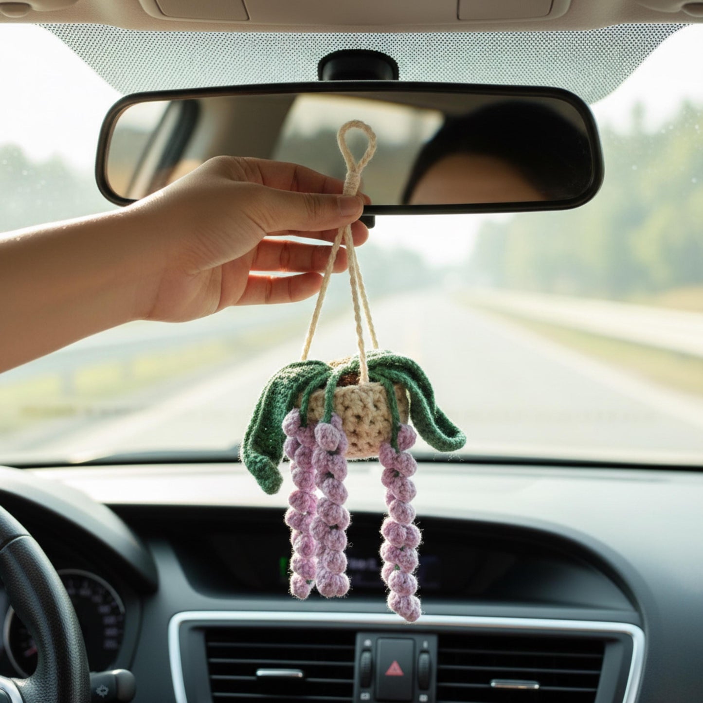 Finished Crochet Plant, Car Mirror Hanging Plant Decor, Handmade Rearview Mirror Accessories, Cute Crochet Gift for Her, New Car Gift