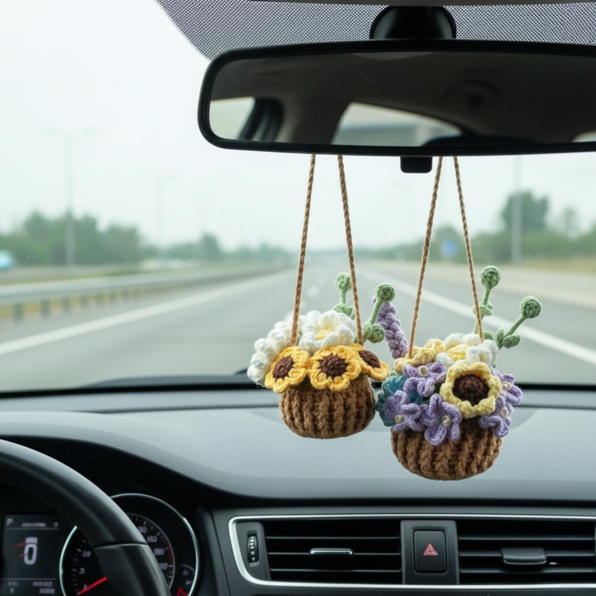 Finished Crochet Plant, Car Mirror Hanging Plant Decor, Handmade Rearview Mirror Accessories, Cute Crochet Gift for Her, New Car Gift
