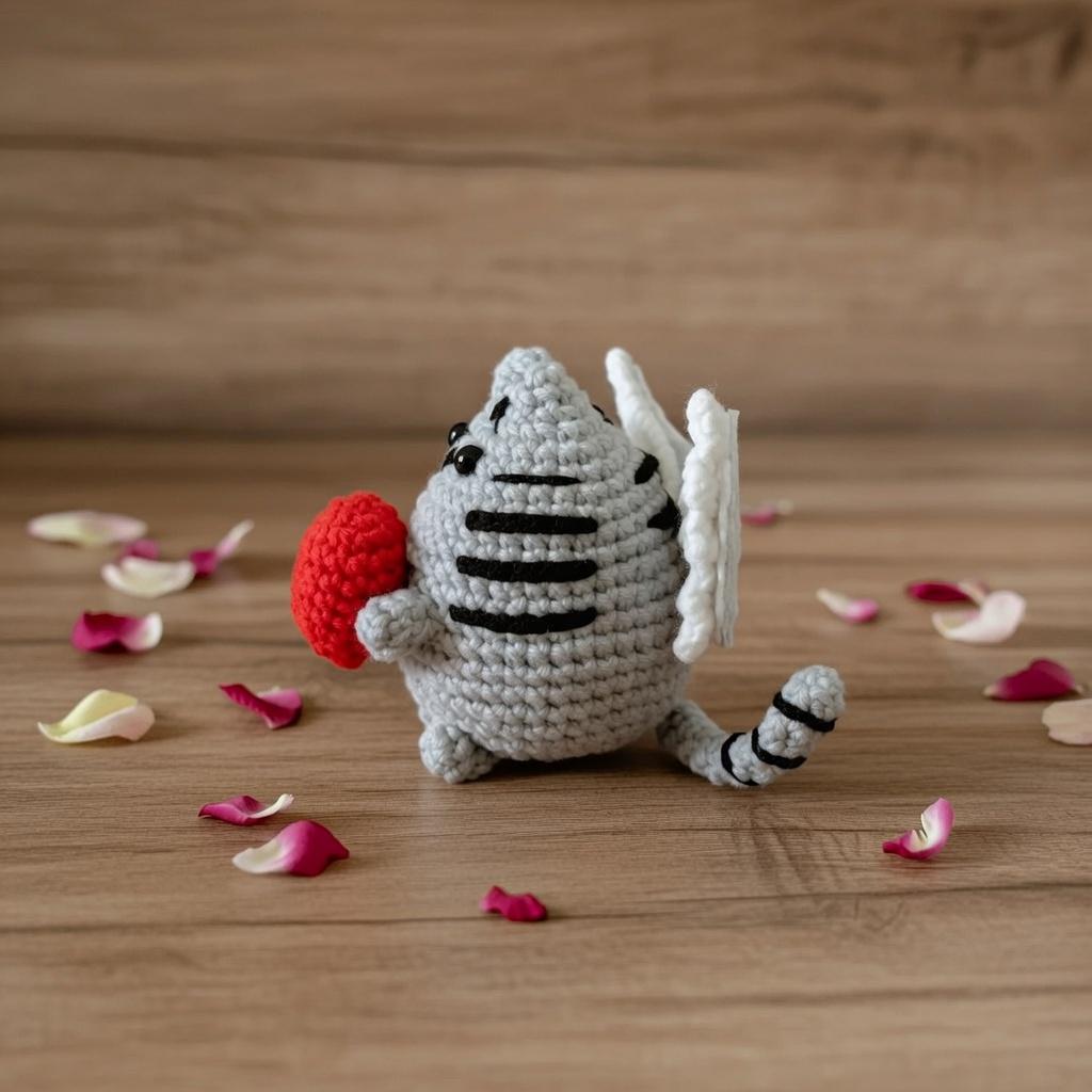 Crochet Cupid Cat Plushie, Valentine's Day Gift, Handmade Chenille Amigurumi