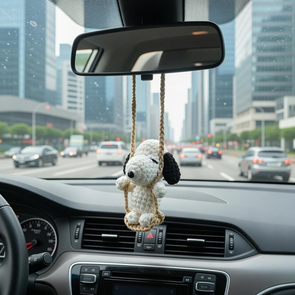 Snoopy Car Mirror Hanging Crochet, Handmade Amigurumi Dog Rearview Charm, Cute Car Decor Accessory, Gift for Driver