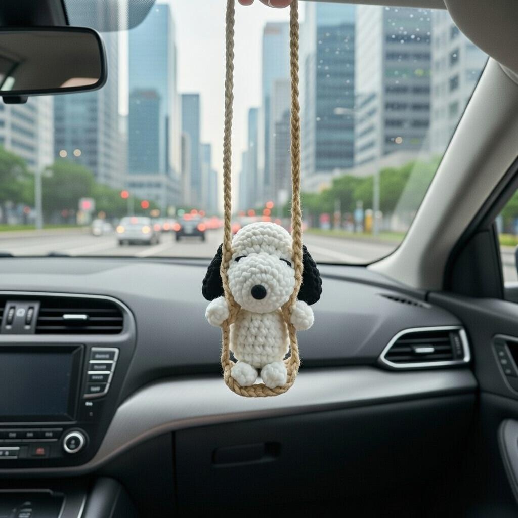 Snoopy Car Mirror Hanging Crochet, Handmade Amigurumi Dog Rearview Charm, Cute Car Decor Accessory, Gift for Driver