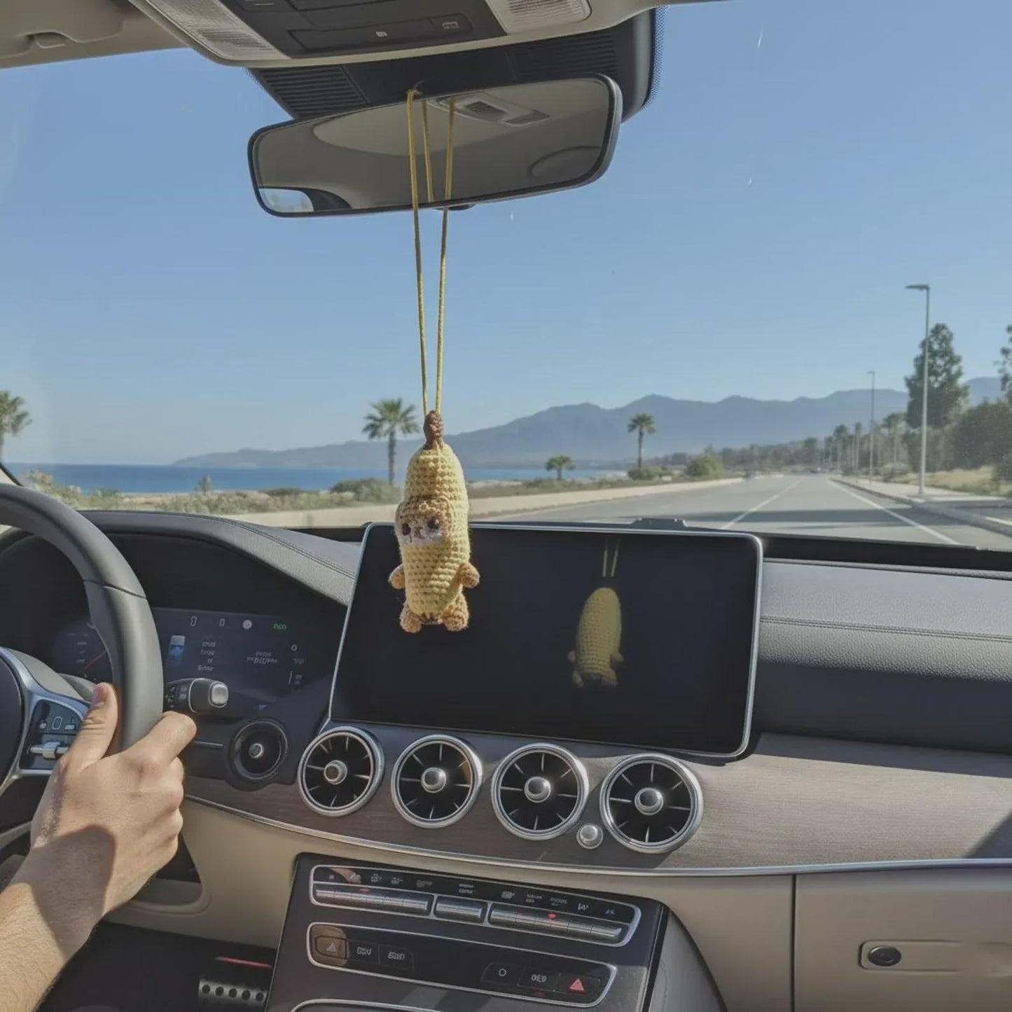 Crochet Banana Cat Car Charm, Funny Meme Plush, Car Accessories