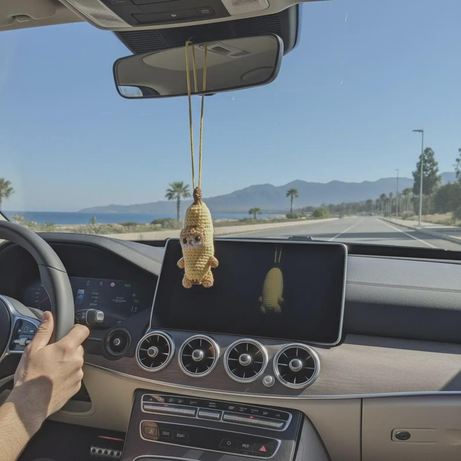 Crochet Banana Cat Car Charm, Funny Meme Plush, Car Accessories