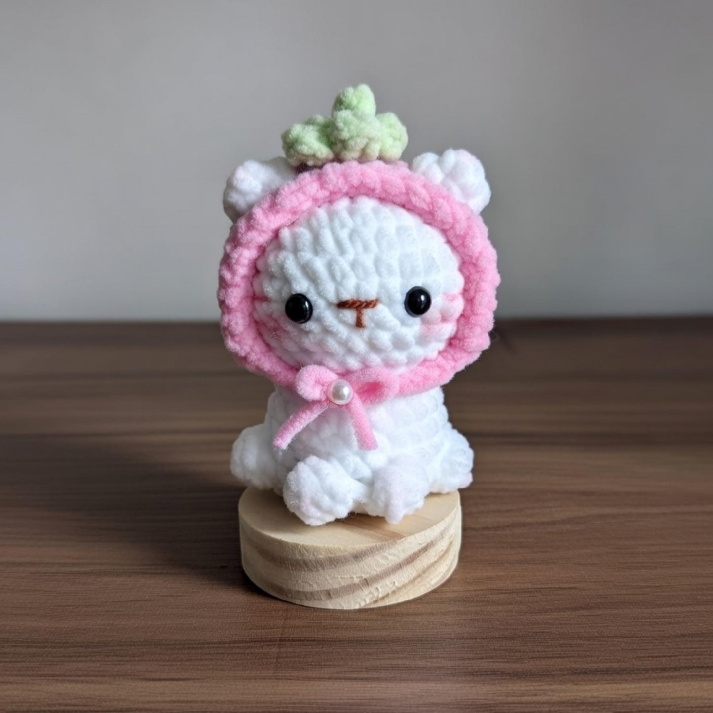 Crochet Cat Plush, Handmade Chenille Kitten in Fruit Hat