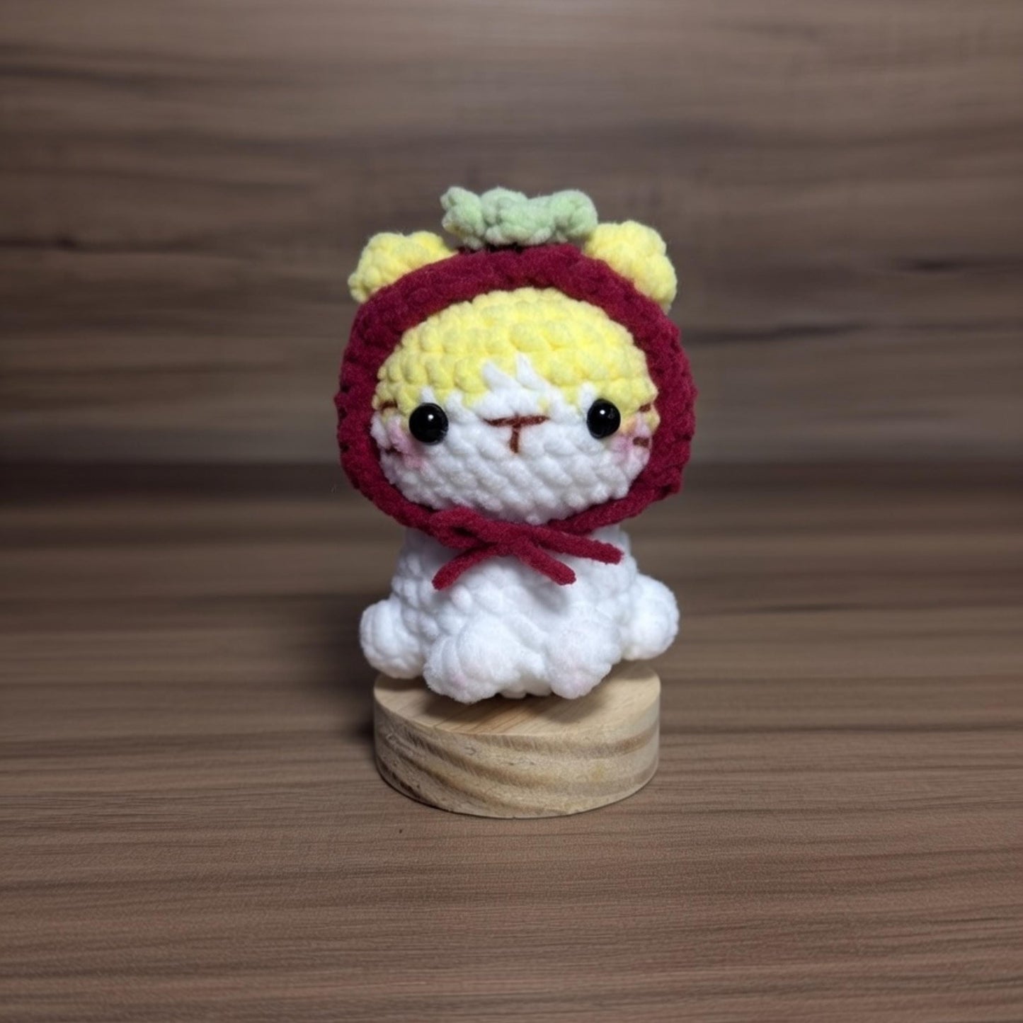 Crochet Cat Plush, Handmade Chenille Kitten in Fruit Hat