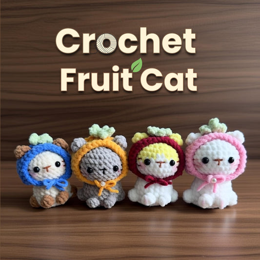 Crochet Cat Plush, Handmade Chenille Kitten in Fruit Hat