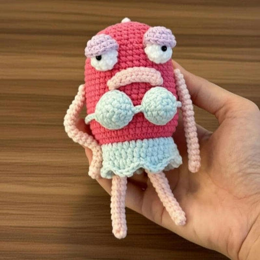 Funny Crochet Pink Fish in Bikini Amigurumi, Sassy Cartoon Plush Doll, Ugly Cute Meme Gift, Handmade Desk Decor for Best Friend