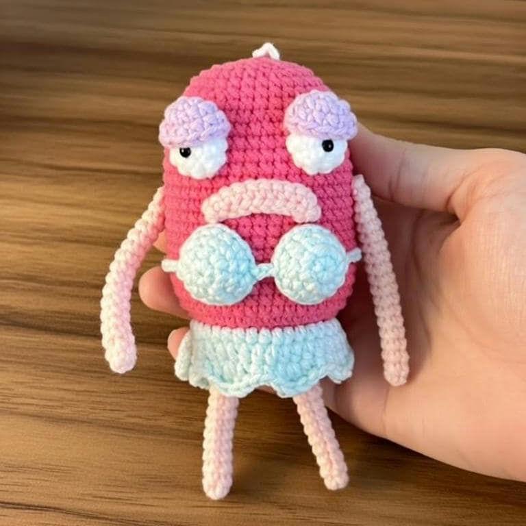 Funny Crochet Pink Fish in Bikini Amigurumi, Sassy Cartoon Plush Doll, Ugly Cute Meme Gift, Handmade Desk Decor for Best Friend